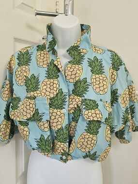 Zara Pineapple Print Crop Top in Light Blue and Yellow, Sz M